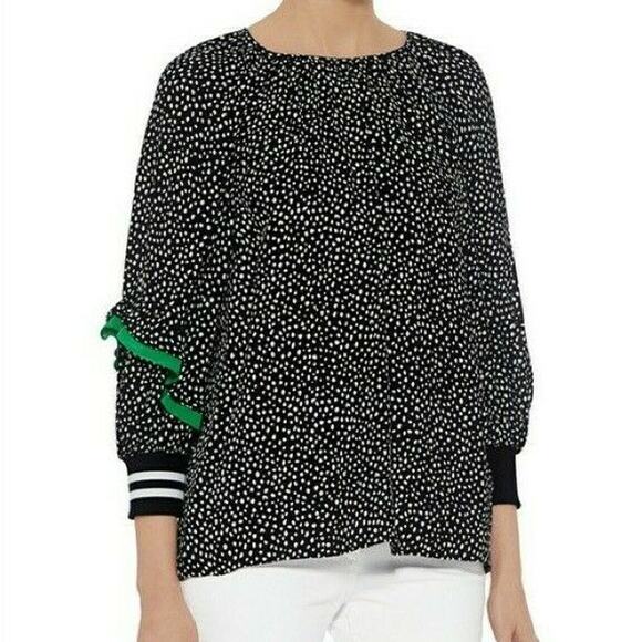 Tibi Martine Ruffle Blouse M Black Polka Dot Balloon Sleeve Crepe Top - Picture 1 of 10